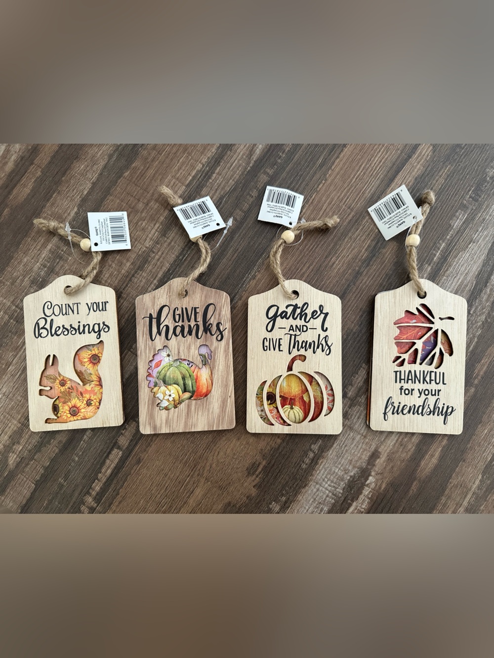 Wooden Thanksgiving Ornaments Signs - Assorted Fall Designs Autumn 3x5” Set of 4